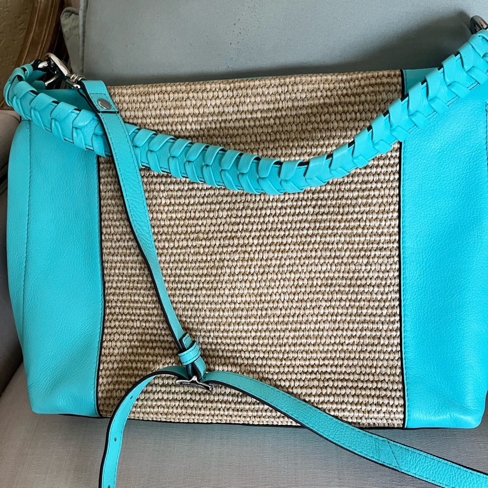 Aimee Kestenberg Turquoise Woven Straw & Leather Tote